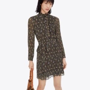 Tory Burch Deneuve Floral Print Dress Size 2 Navy Multicolor‎ Tie Waist Mini